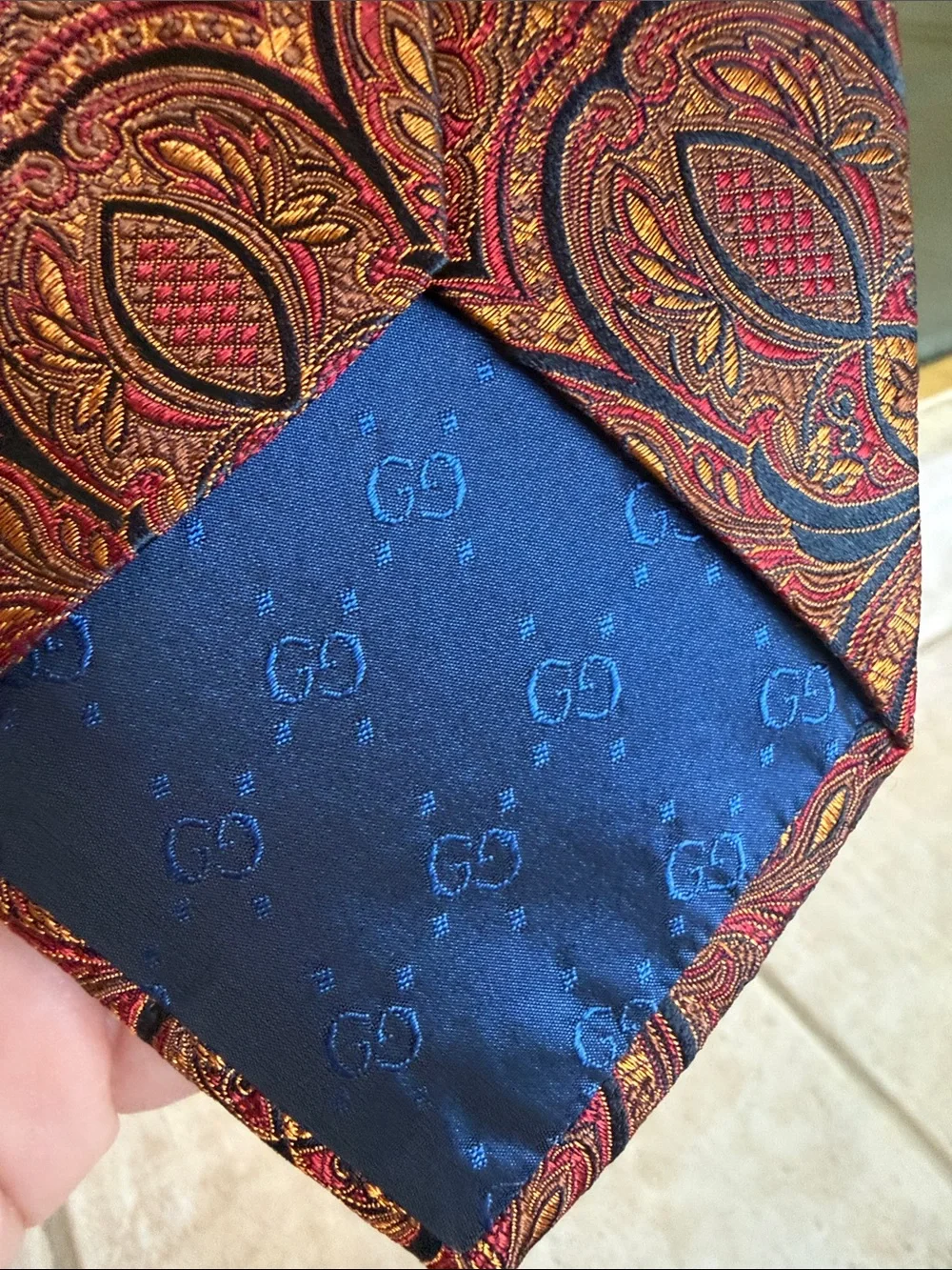 Gucci Red Paisley Silk Tie with Blue and Gold Accents